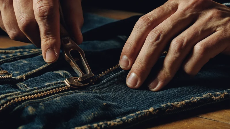 Hände trennen mit dem Nahttrenner einen alten Reißverschluss aus einer Jeansjacke