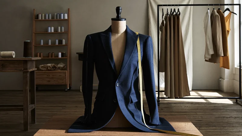 Blazer auf der Schneiderpuppe mit Kreidemarkierungen an den Seitennähten und Maßband